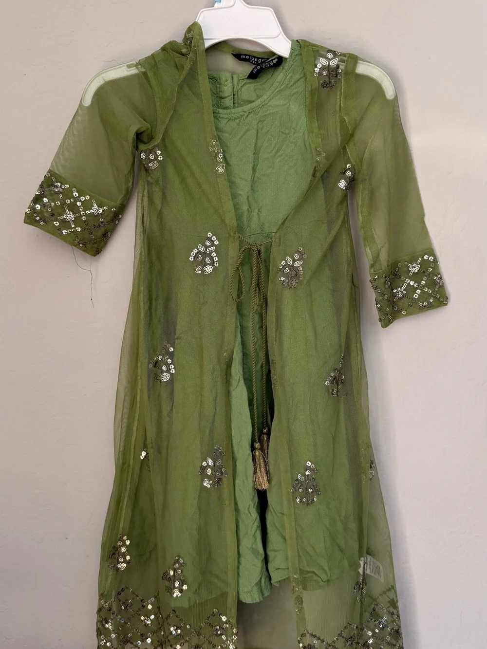 Green Embellished Kids Dress with Sheer Overlay